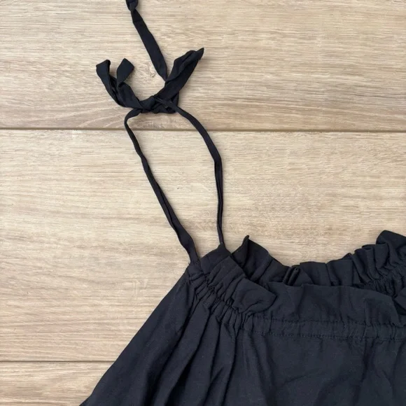 J Crew Tie Shoulder Tiered Mini Dress‎ Black L Swing Babydoll Cotton Minimalist - Picture 4 of 6